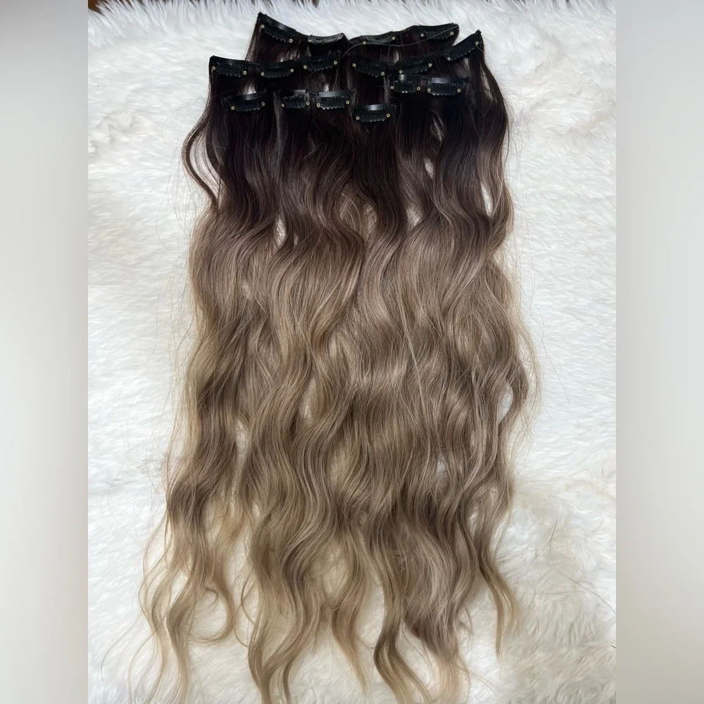 24 In Clip ins Hair Extensions set in Brown roots Blonde - Wavy Human blend